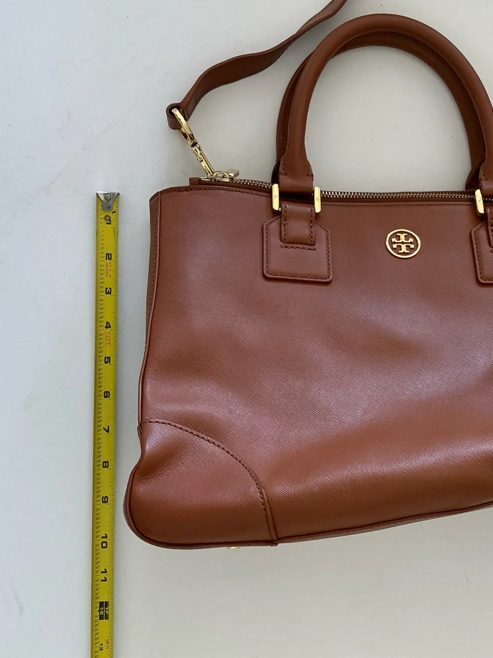 Tory Burch Robinson Double Zip Tote Tan Leather Satchel Crossbody Bag - Picture 10 of 14